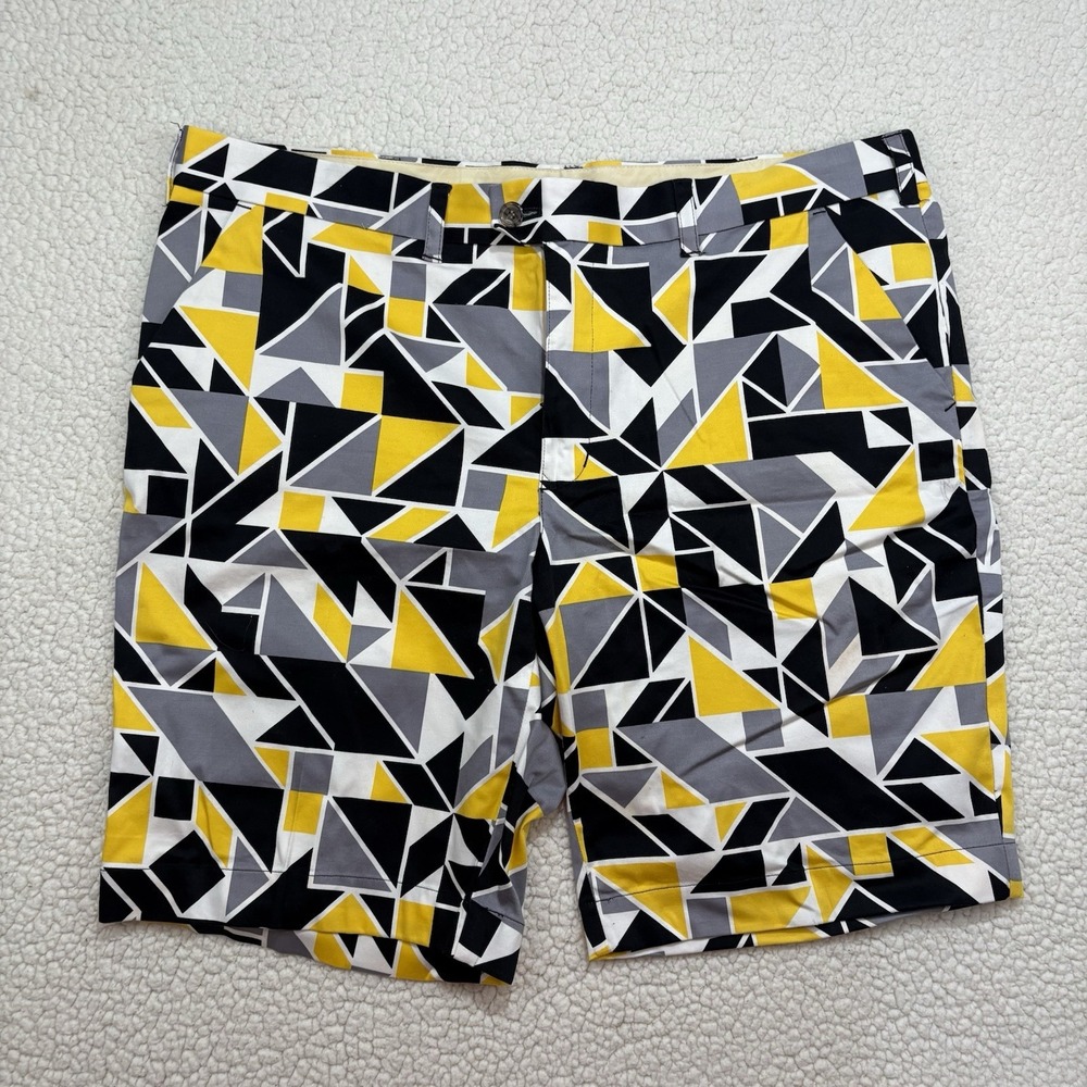 Loudmouth Mens 42 Golf Chino Shorts AOP Flat Front Ice Pick Yellow Black Grey